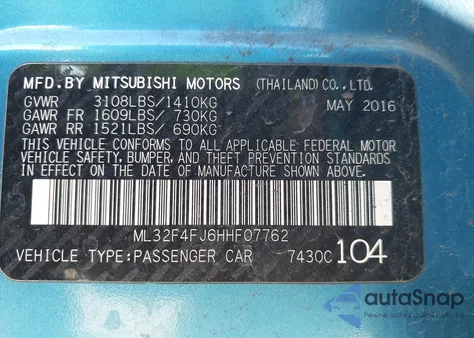 2017 Mitsubishi Mirage G4 Se from USA, damaged, VIN ML32F4FJ6HHF07762